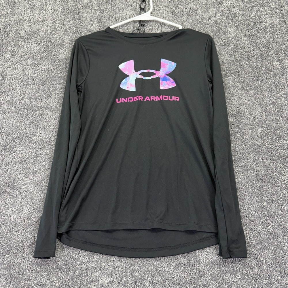 Under Armour Shirt Girls Large Black Long Sleeve Logo Performance Tee Athletic